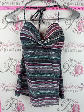 Ripzone tankini top swim pool Striped Halter Swim Top in Black, Teal & Pink